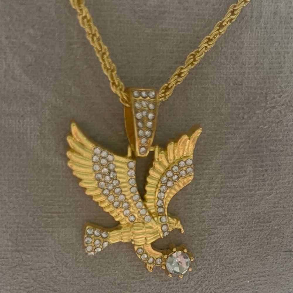Elegant Gold Eagle Pendant Necklace w/ Rhinestones long rope chain unisex